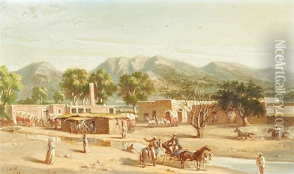 Daily Life In Old Sonora, 1873. Oil Painting - Ernest Narjot