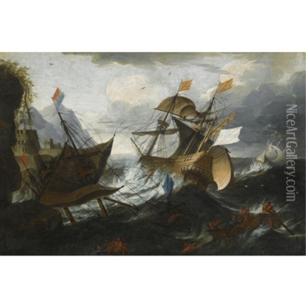 A Shipwreck Of Two Men-o'war In Heavy Storms Near A Rocky Coast With A Stronghold, Shipwrecked Figures In The Foreground Oil Painting - Matthieu Van Plattenberg