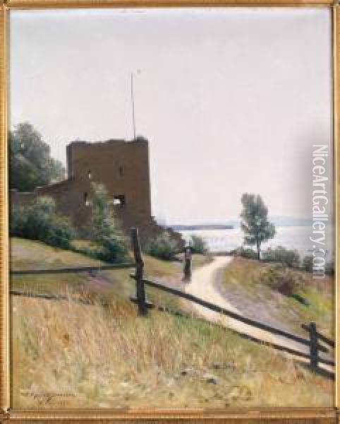 Dam Med Parasoll, Visby Oil Painting - Karl Konrad Simonsson