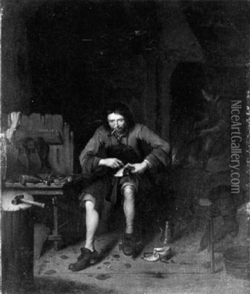 An Interior With A Shoemaker At His Workbench Oil Painting - David Ryckaert the Elder
