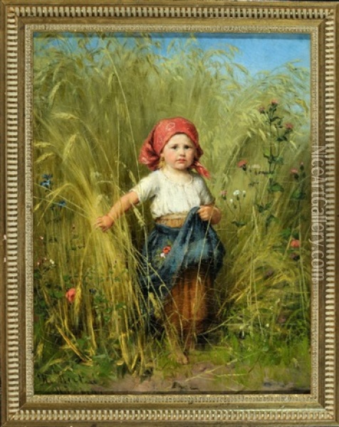 Bauernmadchen Mit Kopftuch Im Getreidefeld Oil Painting - Heinrich Hirt