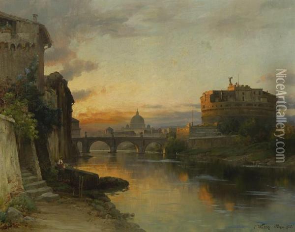 Rom - Blick Uber Den Tiber Auf
 Engelsburg Und Petersdom. Oil Painting - Carl Wuttke