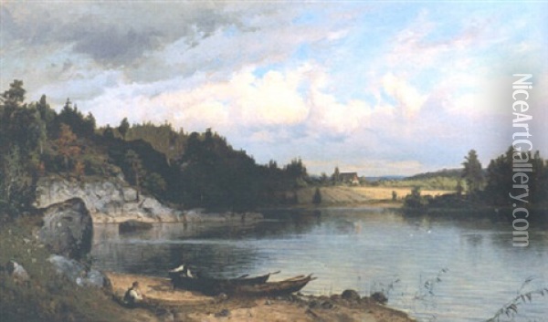 Fiskarens Vilostund Oil Painting - Magnus Hjalmar Munsterhjelm