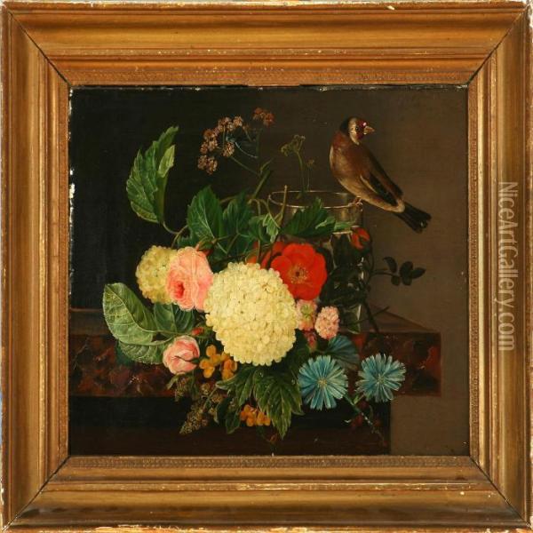 Flower Bouquet With A Vase And Bird On A Stone Frame Oil Painting - I.L. Jensen