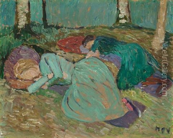 Martha Vogeler Und Paula Modersohn-becker Im Garten Schlafend Oil Painting - Heinrich Vogeler