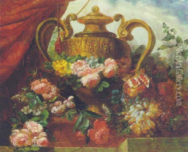 Trionfo Floreale Con Anfora Biansata Di Rame Sbalzato E Tendaggio A Melegrane Oil Painting - Jean-Baptiste Monnoyer