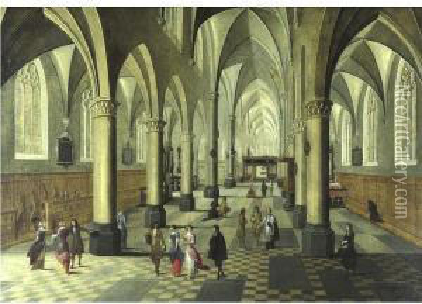 Interior Of A Cathedral With Elegant Figures In The Foreground Oil Painting - Pieter Ii Neefs
