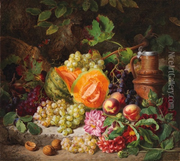 Still Life With Fruit And A Pottery Jug Oil Painting - Josef Lauer
