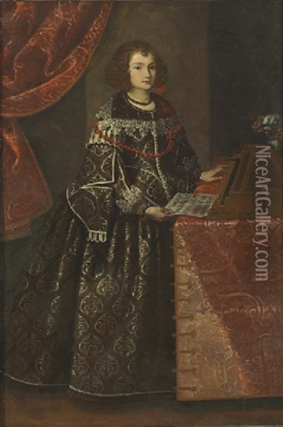 Portrait Of A Lady In A Black Dress And Red Necklace, Playing The Harpsichord Oil Painting - Pier Francesco Cittadini