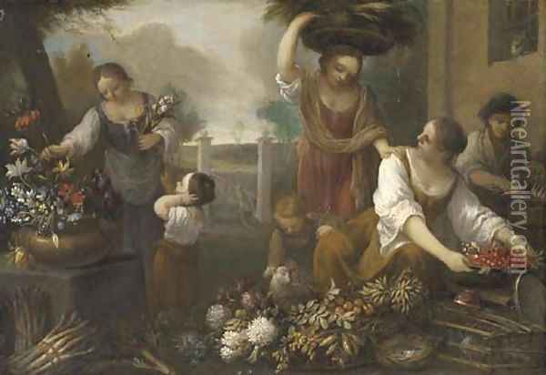 Women and children arranging flowers in the grounds of a building Oil Painting - Nicola Cassisa