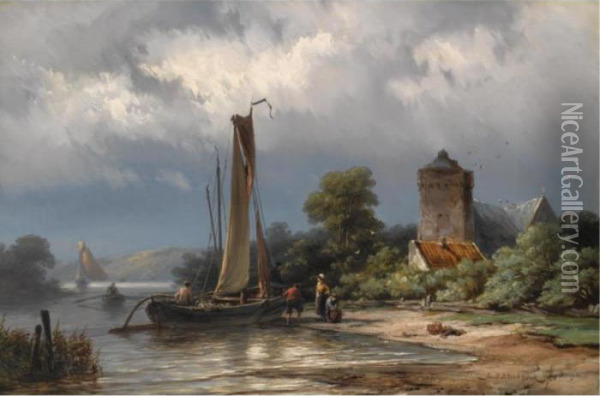 Mooring The Boat Oil Painting - Johannes Hermann Barend Koekkoek