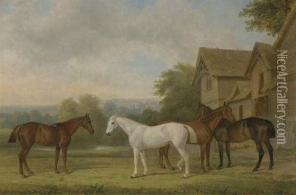 Four Hunters By A Barn, In An Extensive Landscape Oil Painting - John Paul