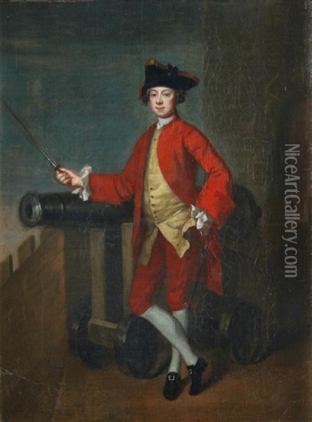 Portrait Of An Officer, Standing Full-length Before A Cannon Oil Painting - Edward Penny