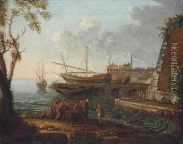 A Coastal Landscape With Fishing Boats Moored, A Town Beyond Oil Painting - Claude Lorrain (Gellee)