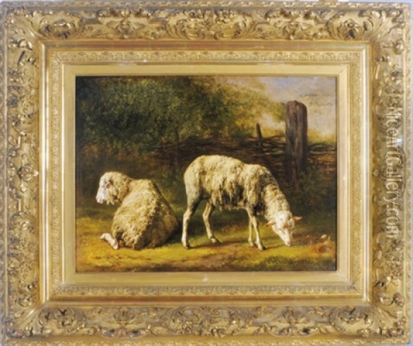 Sheep Grazing In A Landscape Oil Painting - Jacques Raymond Brascassat