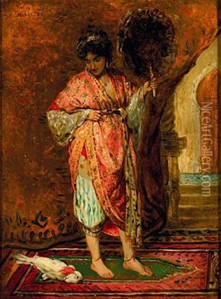 Jeune Orientale A L'eventail Oil Painting - Francisco Miralles y Galup