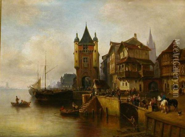 Bustling Dutch Port Oil Painting - Wilhelm Alexander Meyerheim