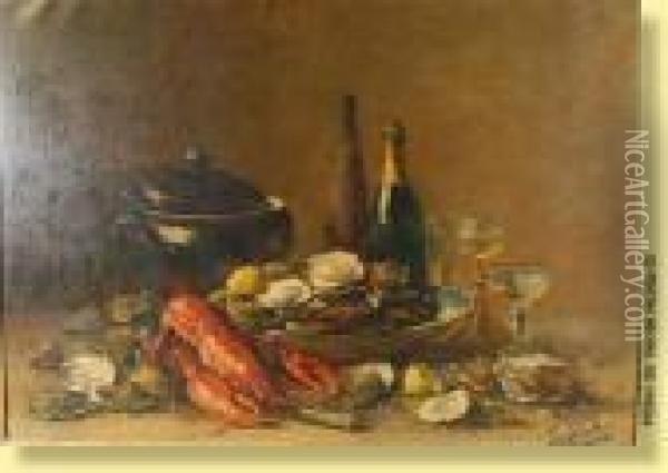 Nature Morte Aux Huitres, Homard Et Champagne Oil Painting - Hubert Bellis