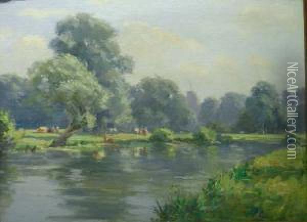 Pastoral River Scene Oil Painting - Augustus William Enness