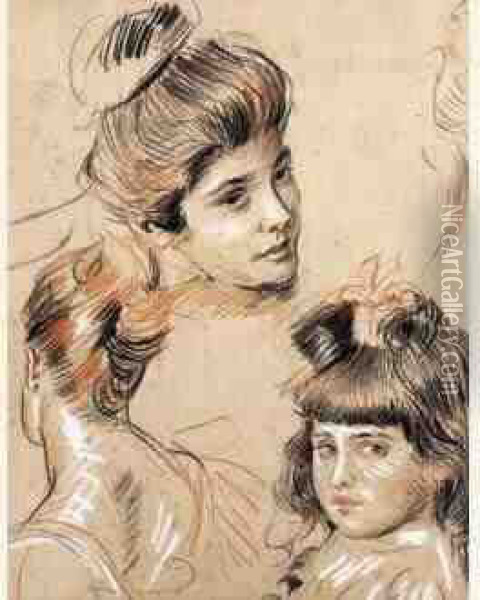Deux Portraits De Fillette Et Deux De Jeune Femme Au Chignon. Oil Painting - Paul Cesar Helleu