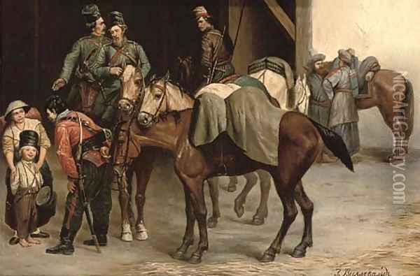 Hussars befriending the locals Oil Painting - Bogdan Pavlovich Villevalde