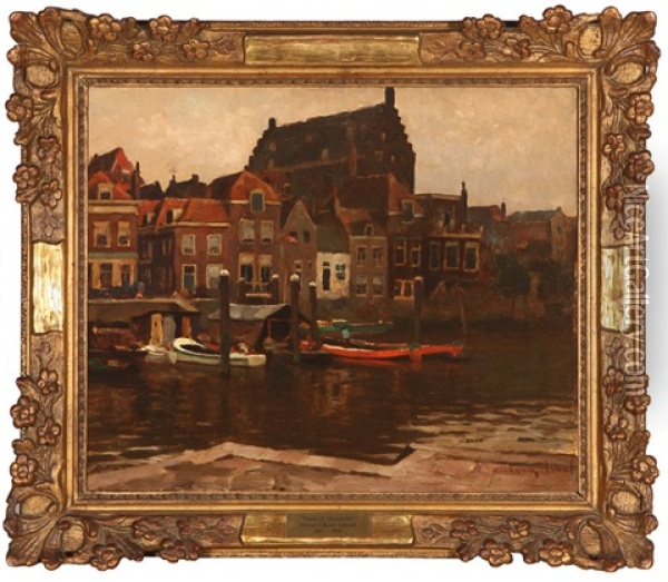 Dordrecht (temps Pluvieux), Dutch Canal Scene On A Rainy Day Oil Painting - Victor Olivier Gilsoul