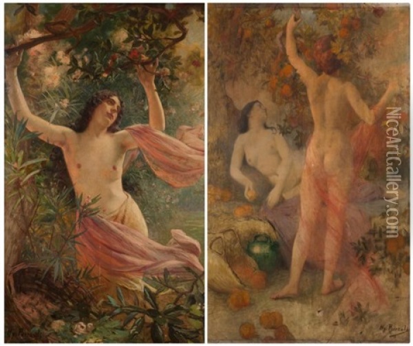Reverie Parmi Les Fleurs, Jeune Femme Cueillant Des Fruits (2 Works) Oil Painting - Henry Paul Perrault