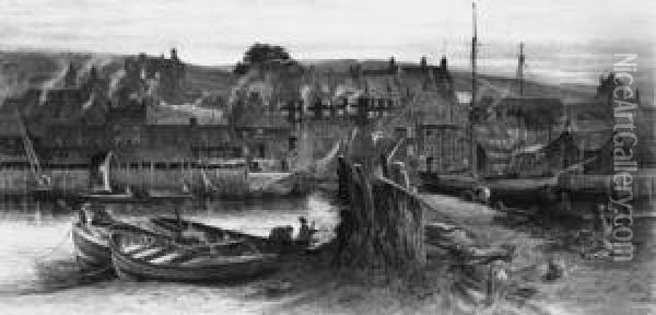 Figures Mending The Nets At Whitby Harbour Oil Painting - Charles Earle