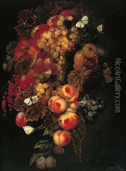 A swag of grapes, prunes, peaches, pomegranates with butterflies and a beetle Oil Painting - Ottmar The Elder Elliger