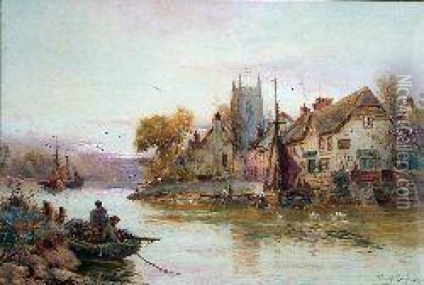 Fishing Boats By A Riverside Town Oil Painting - Walker Stuart Lloyd