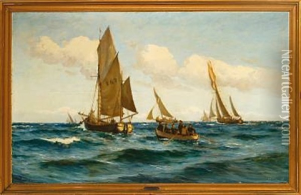 Fishing Boats At Sea Oil Painting - Carl Ludvig Thilson Locher