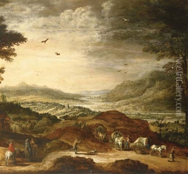 Peasants In Wagons And Pilgrim Hermits In An Extensive River Landscape Oil Painting - Joos de Momper the Younger