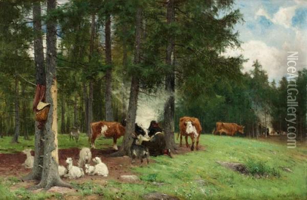 Vallflicka Med Boskap Oil Painting - Olof Arborelius