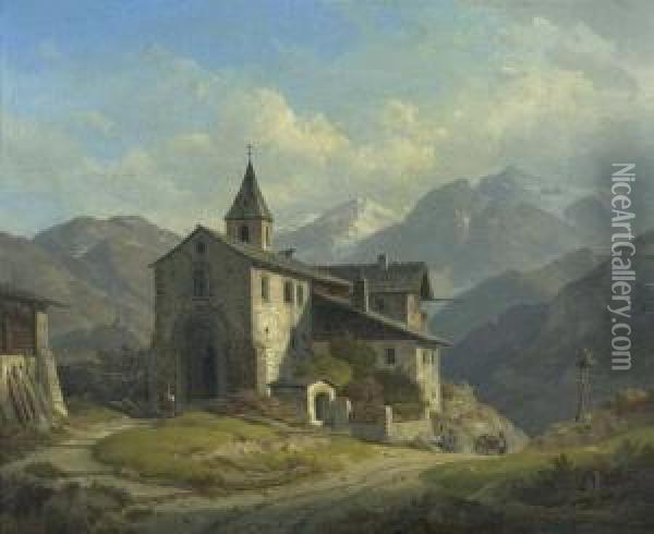 Village Church Before The Mountains. Oil Painting - Wilhelm Rudolf Scheuchzer