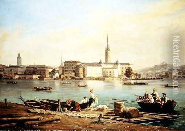 A view of Riddarholmen on Lake Malaven with the Ridarhuset and the Riddarholms church beyond, Stockholm Oil Painting - Martinus Rorbye