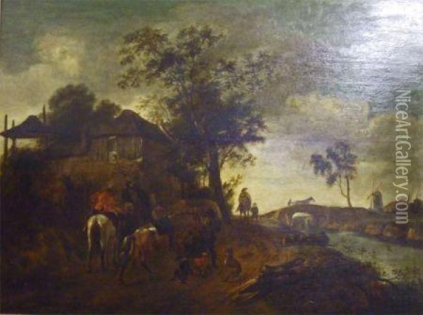 Figures, Horses And Dogs In A 
Lane Before A Cottage; Bridge Over River And Windmill Beyond, 18 Oil Painting - Isaack Jansz. van Ostade
