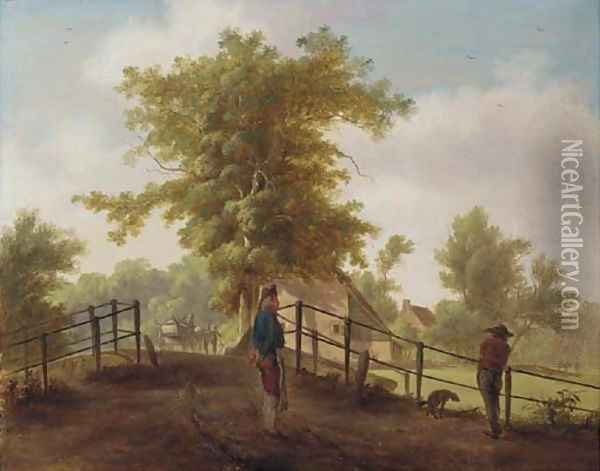 A landscape with two men and a dog on a bridge Oil Painting - Hendrik De Meyer II