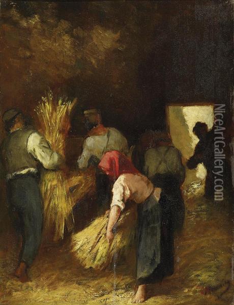 Harvesting In The Barn Oil Painting - Constantin Meunier