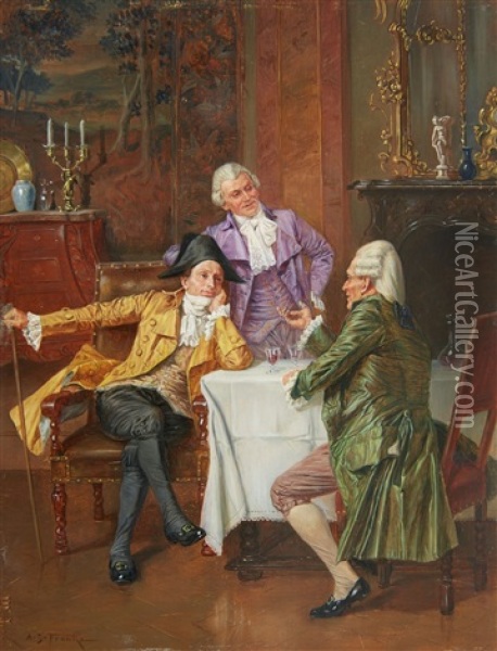 A Rococo Interior With Gentlemen Debating Oil Painting - Albert Joseph Franke