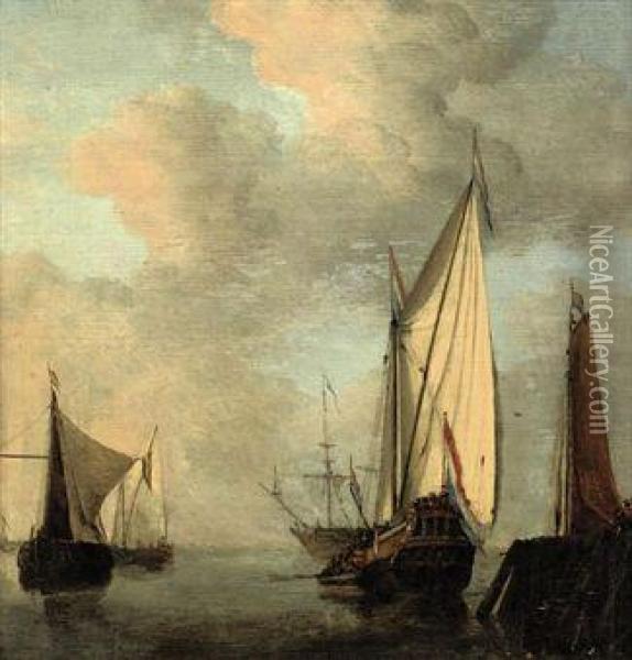 Shipping Off A Jetty In Calm Waters Oil Painting - Willem van de, the Elder Velde