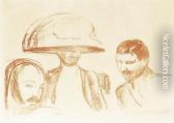 To Menn Og Kvinne Med Stor Hatt Oil Painting - Edvard Munch