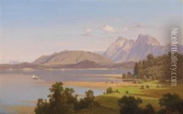 Landscape With Lake In Summer Oil Painting - Anton Hansch