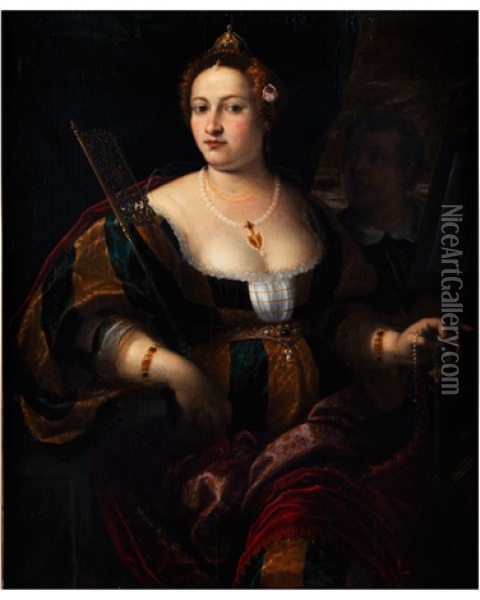 Portrait Einer Venezianischen Kurtisane Und Ihres Dieners Oil Painting - Micheli Parrasio