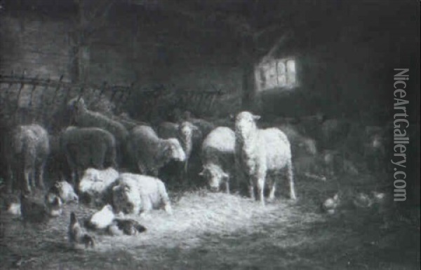 Sheep And Chickens In A Barn Oil Painting - Charles Franklin Pierce
