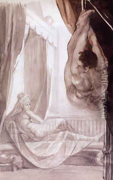 Brunhilde Observing Gunther, Whom She Has Tied to the Ceiling 1807 Oil Painting - Johann Henry Fuseli