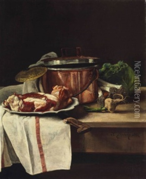 Still Life With Cabbage, Leeks, Garlic And Beef By A Copper Pot Oil Painting - Francois Bonvin