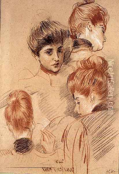Studies of Mme. Helleu and Mme. Clarighy, c.1892-95 Oil Painting - Paul Cesar Helleu