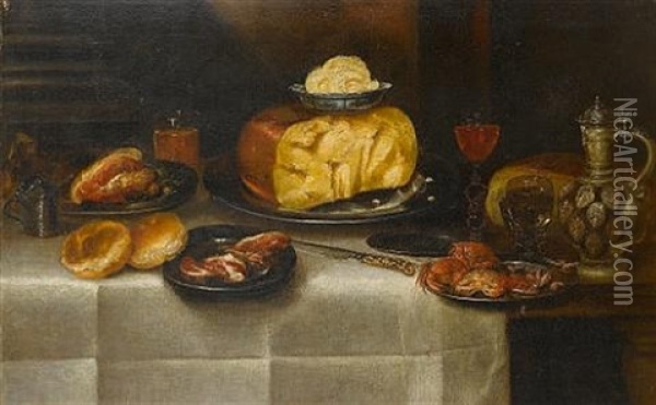 Cheese, Ham, Bread, Crabs, Two Glasses, An Inlaid Knife And A Bembel On A Table Top Oil Painting - Alexander Adriaenssen the Elder