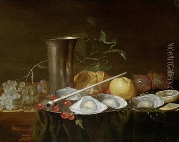 Stillleben Mit Trauben, Kirschen, Austern, Brot Und Silbergefassen Auf Einer Tischplatte Oil Painting - Abraham van Lamoen