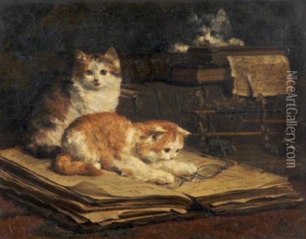 Kittens Oil Painting - Charles van den Eycken I
